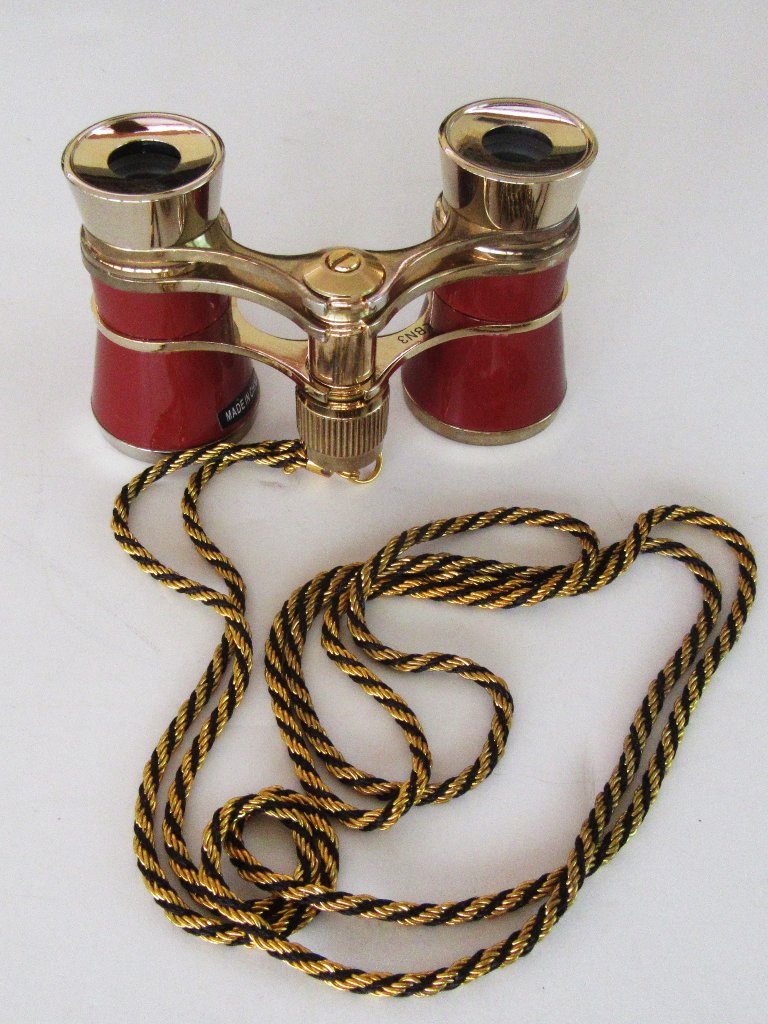 Barska Opera Glasses With Burgundy Enamel And Gold Trim And Gold  Black Chain
